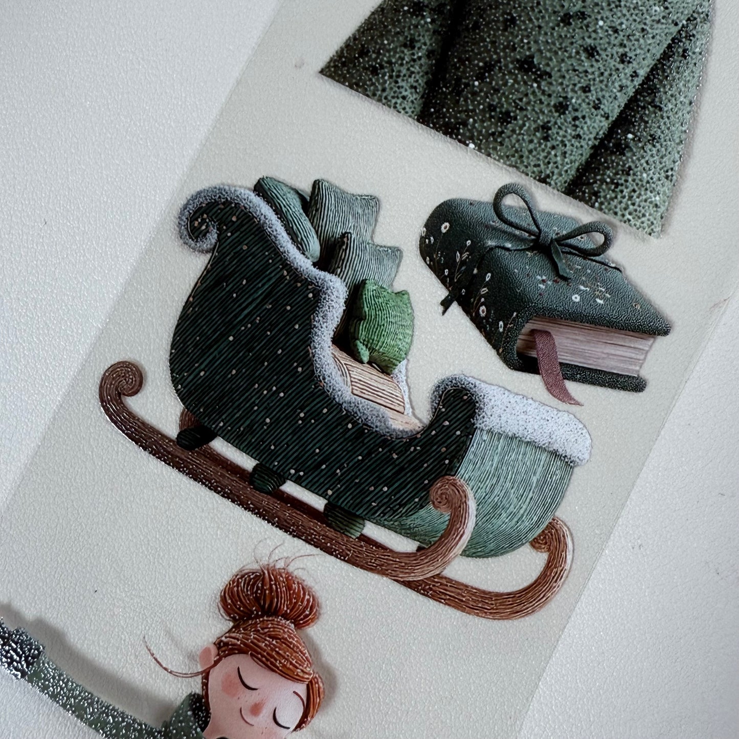 PET 3D raised Whimsical City  and Green winter tape,one roll fashion, junk journal, scrapbooking,bullet journal, card making.