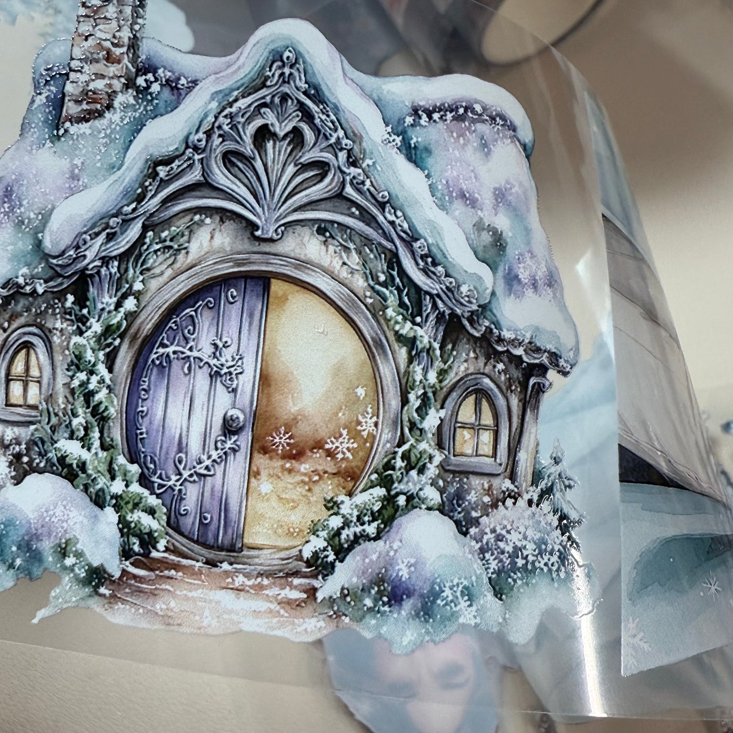 PET 3D raised Pastel Elegant Winter and  Winter Fantasy Village tape,one roll fashion, junk journal, scrapbooking,bullet journal, card making.