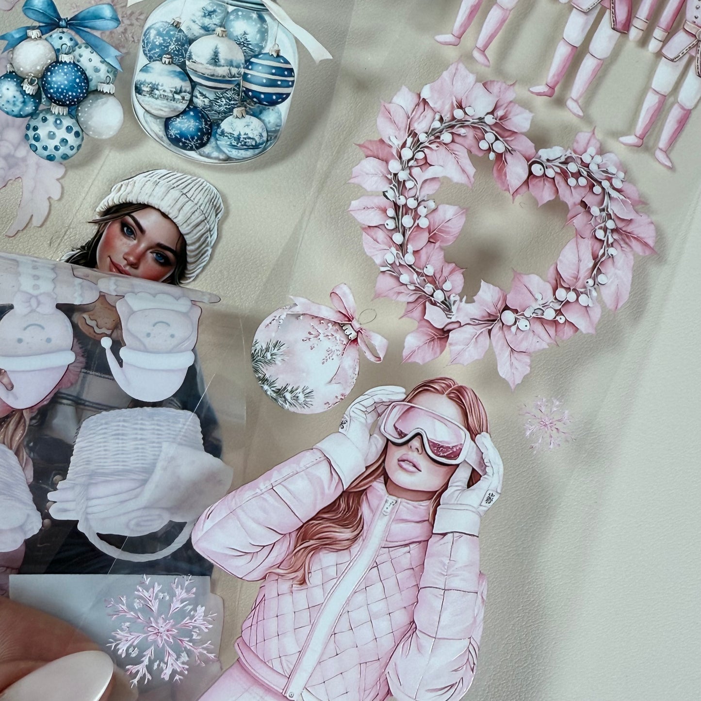 PET 3D raised Pink Glamour and Winter Stroll tape,one roll fashion, junk journal, scrapbooking,bullet journal, card making.