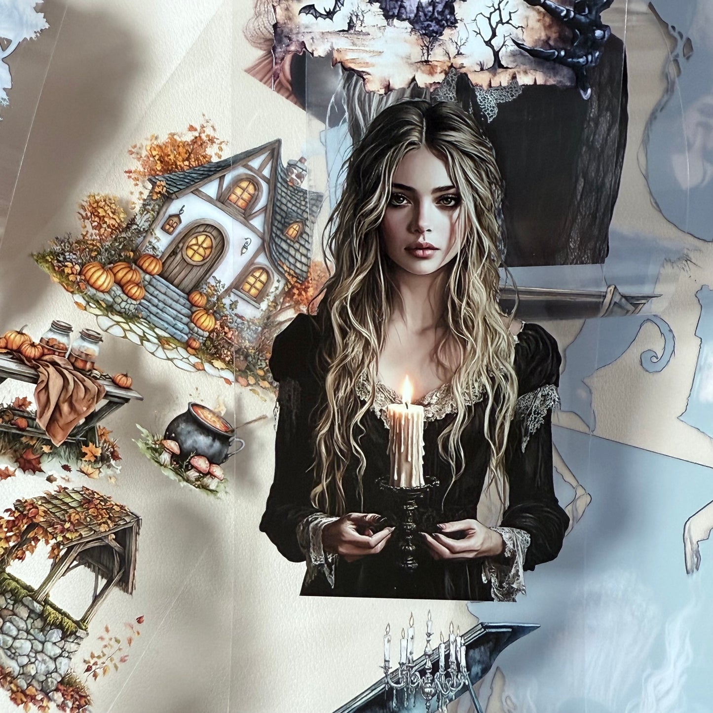 PET 3D raised Haunted house3 and Witching Autumn tape,one roll fashion, junk journal, scrapbooking,bullet journal, card making.