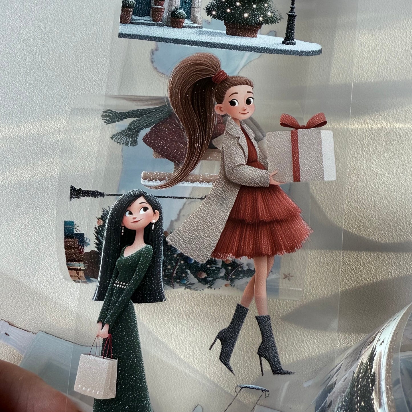 PET 3D raised Whimsical City  and Green winter tape,one roll fashion, junk journal, scrapbooking,bullet journal, card making.