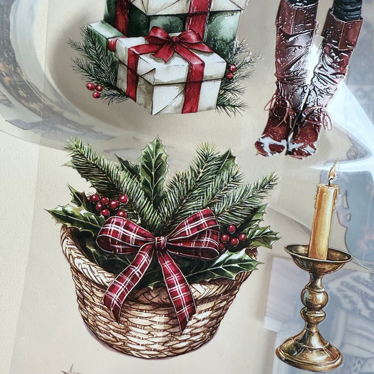 PET 3D raised Merry & Bright Christmas and Snowy Cabin tape,one roll fashion, junk journal, scrapbooking,bullet journal, card making.