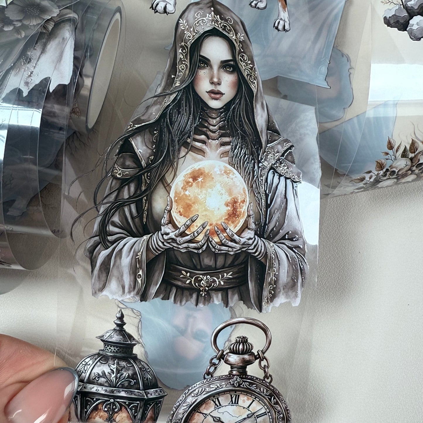 PET 3D raised Skeleton Witch and Haunted Halls tape,one roll fashion, junk journal, scrapbooking,bullet journal, card making.