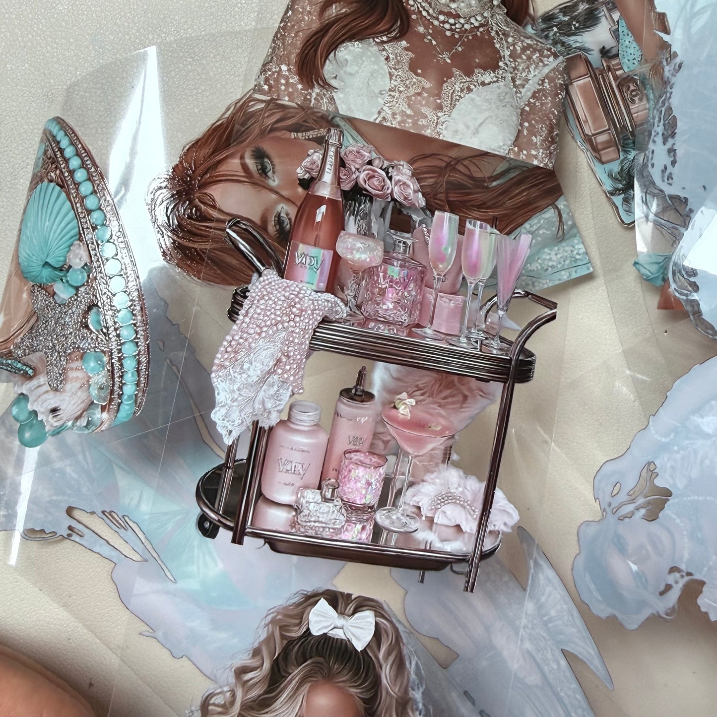 Holo coquette and Aqua PET 3D raised tape,one roll fashion, junk journal, scrapbooking,bullet journal, card making.