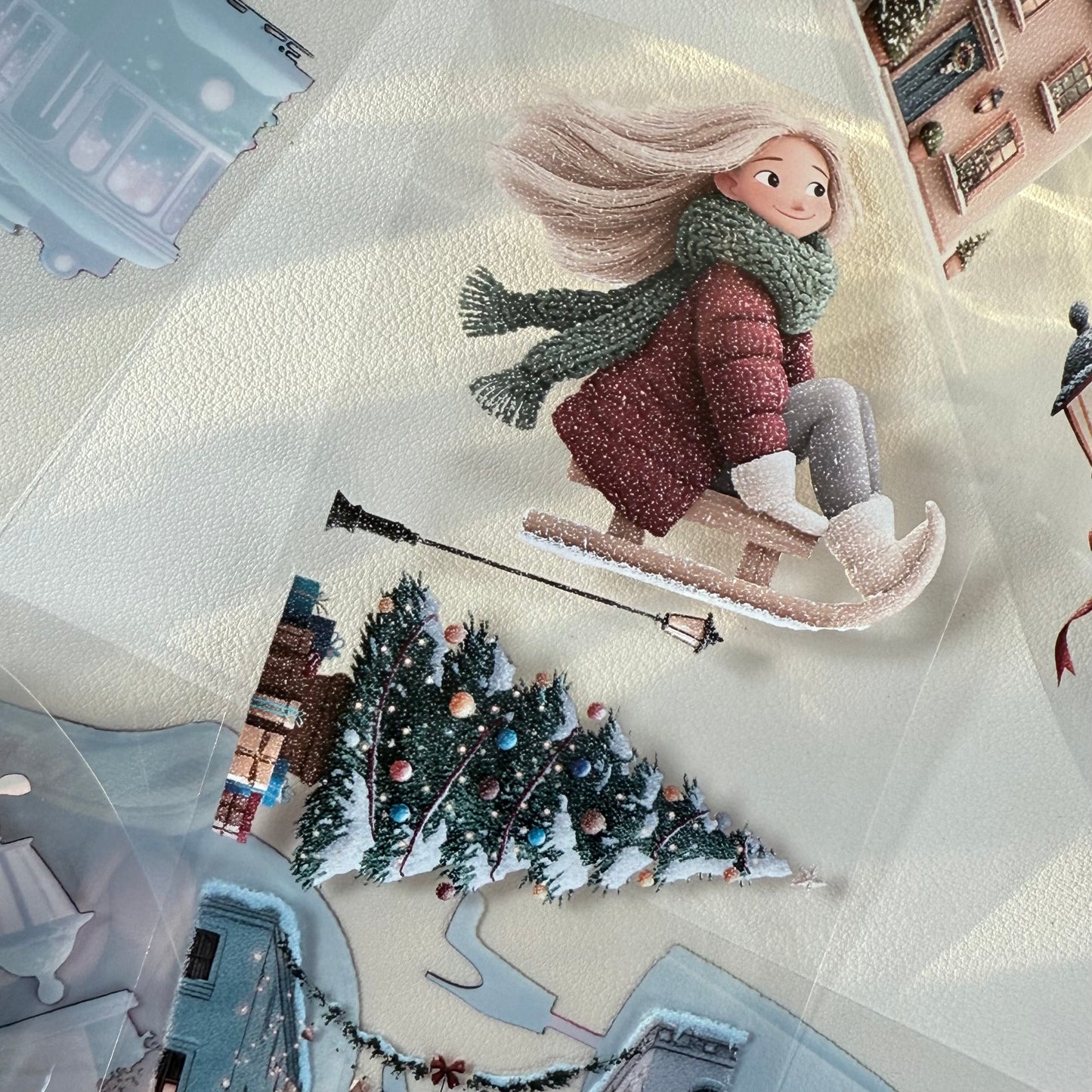 PET 3D raised Whimsical City  and Green winter tape,one roll fashion, junk journal, scrapbooking,bullet journal, card making.