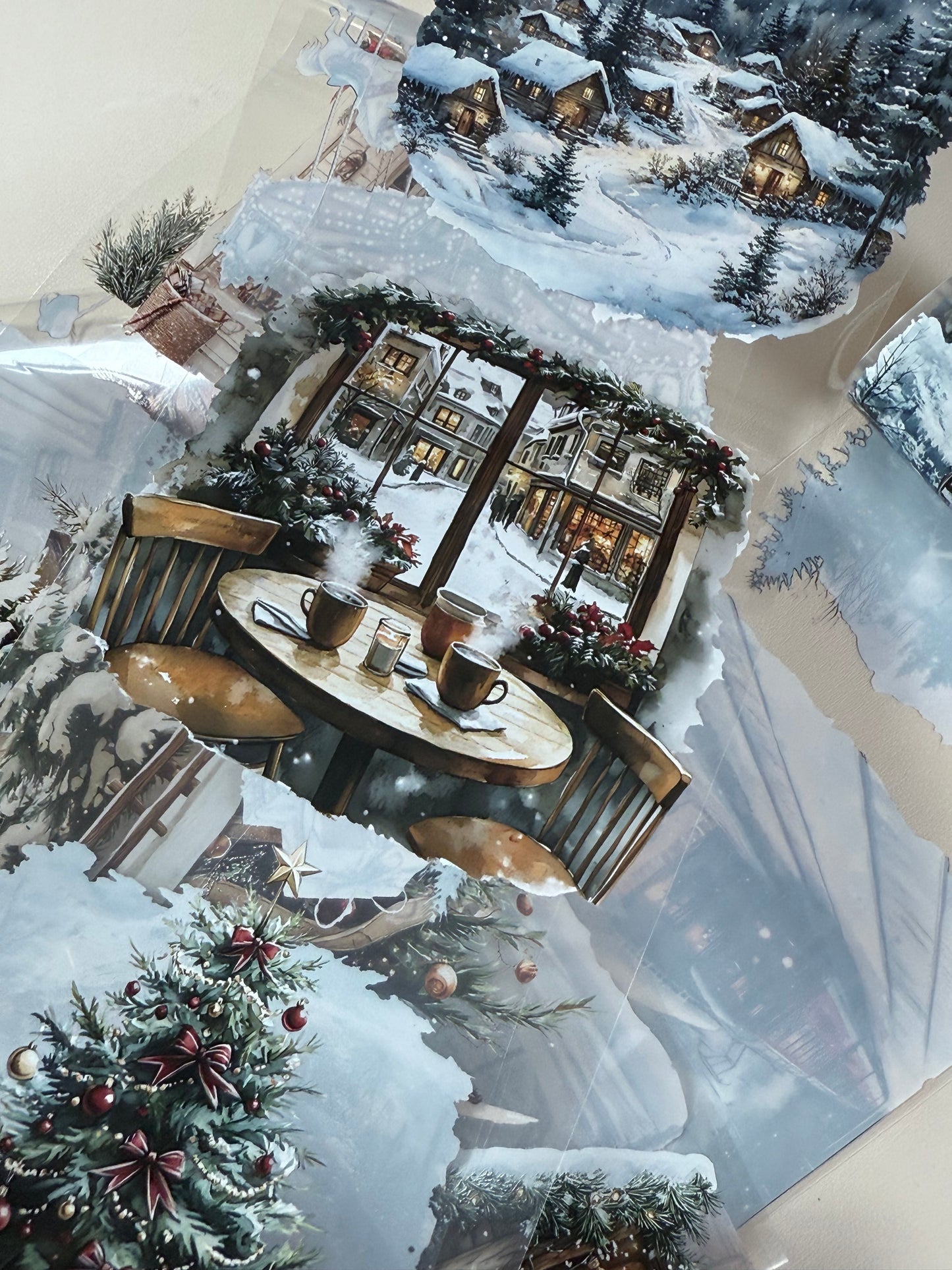 PET 3D raised Winter Landscape4 tape,one roll fashion, junk journal, scrapbooking,bullet journal, card making.