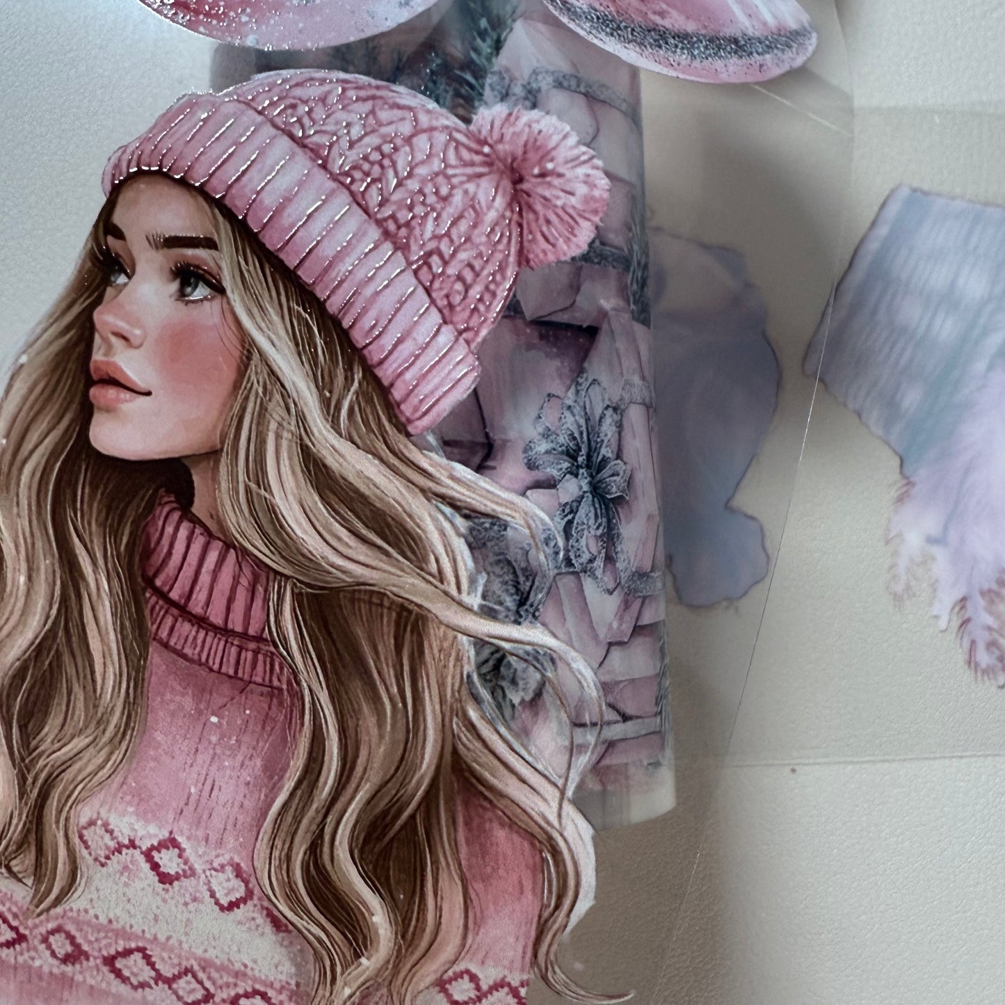 PET 3D raised Pink Winter and Winter Wishes tape,one roll fashion, junk journal, scrapbooking,bullet journal, card making.