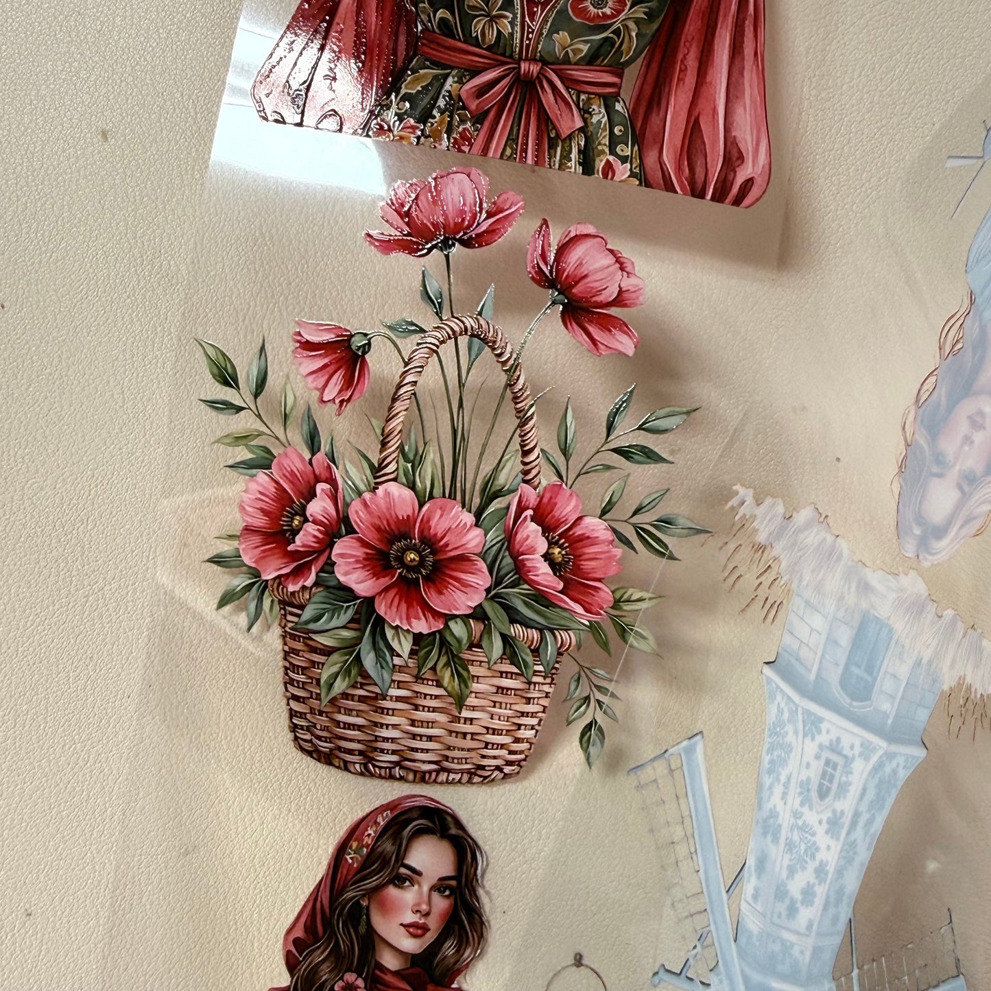 PET Poppy Bohemian Trails and  Delft Blue Windmills 3D raised tape,one roll fashion, junk journal, scrapbooking,bullet journal, card making.