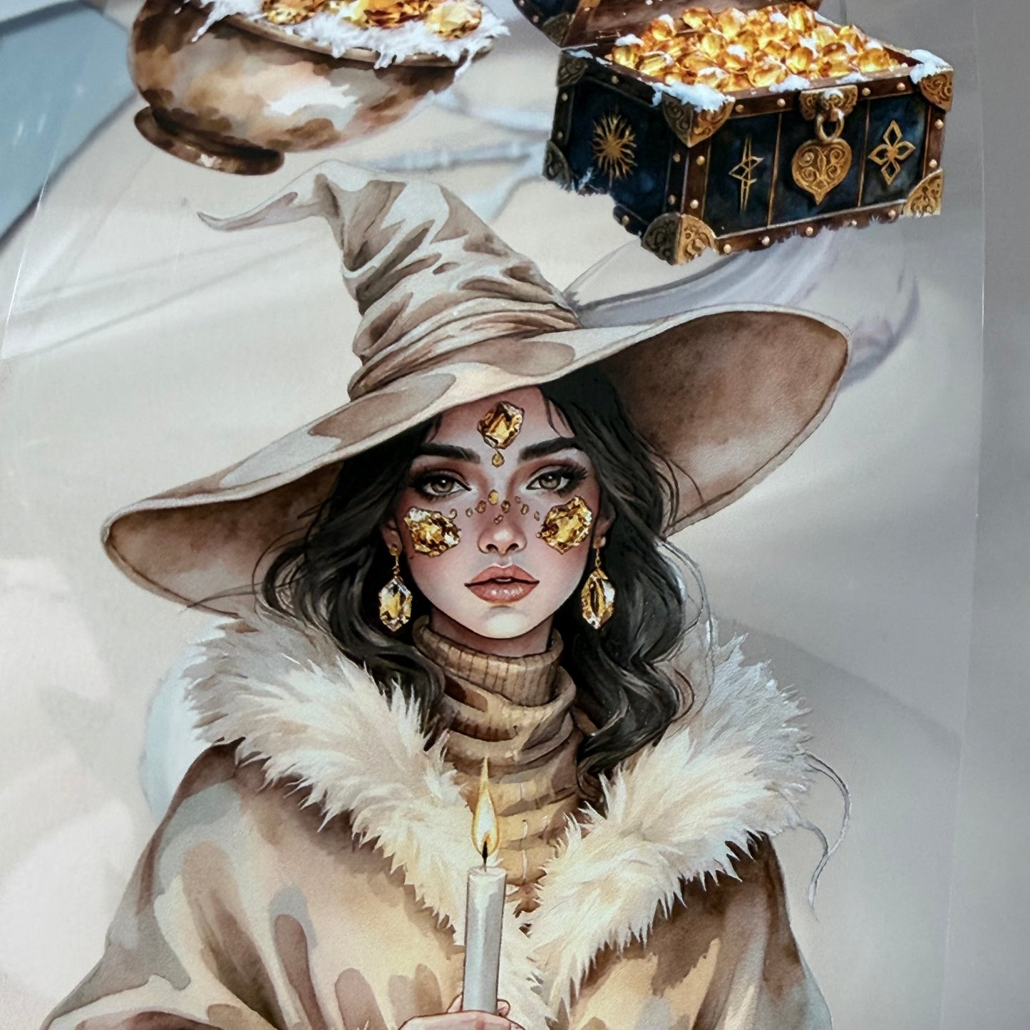 Citrine Winter Witch and  Pearl Winter Witch  PET 3D raised tape,one roll fashion, junk journal, scrapbooking,bullet journal, card making.