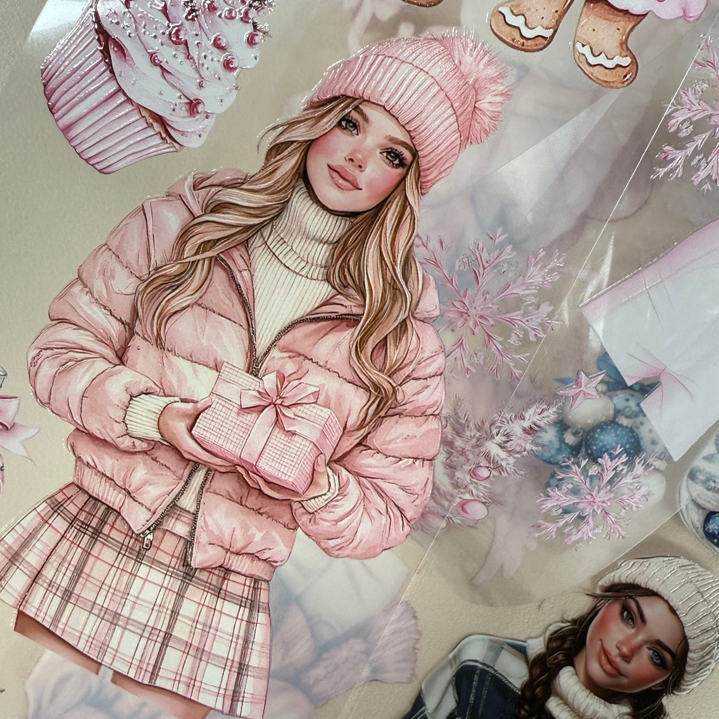 PET 3D raised Pink Glamour and Winter Stroll tape,one roll fashion, junk journal, scrapbooking,bullet journal, card making.