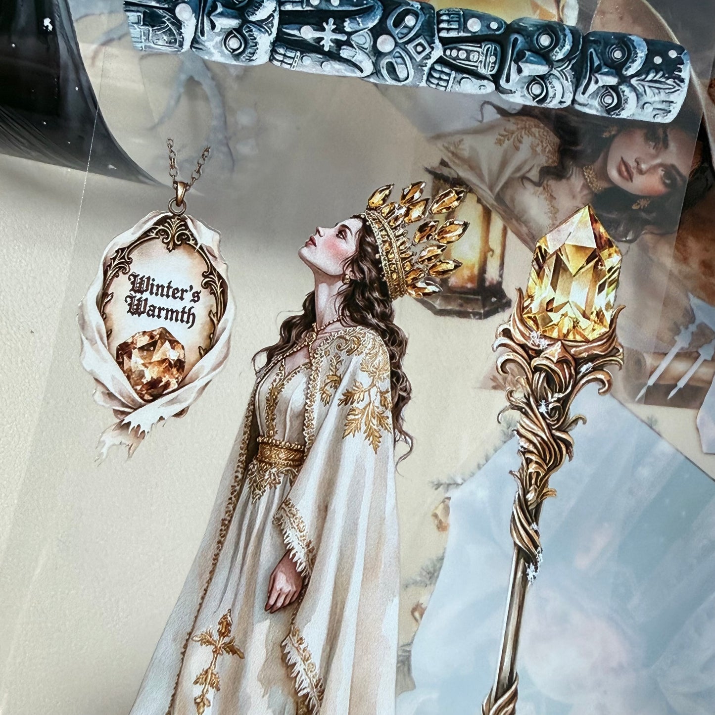 Citrine Winter Witch and  Pearl Winter Witch  PET 3D raised tape,one roll fashion, junk journal, scrapbooking,bullet journal, card making.