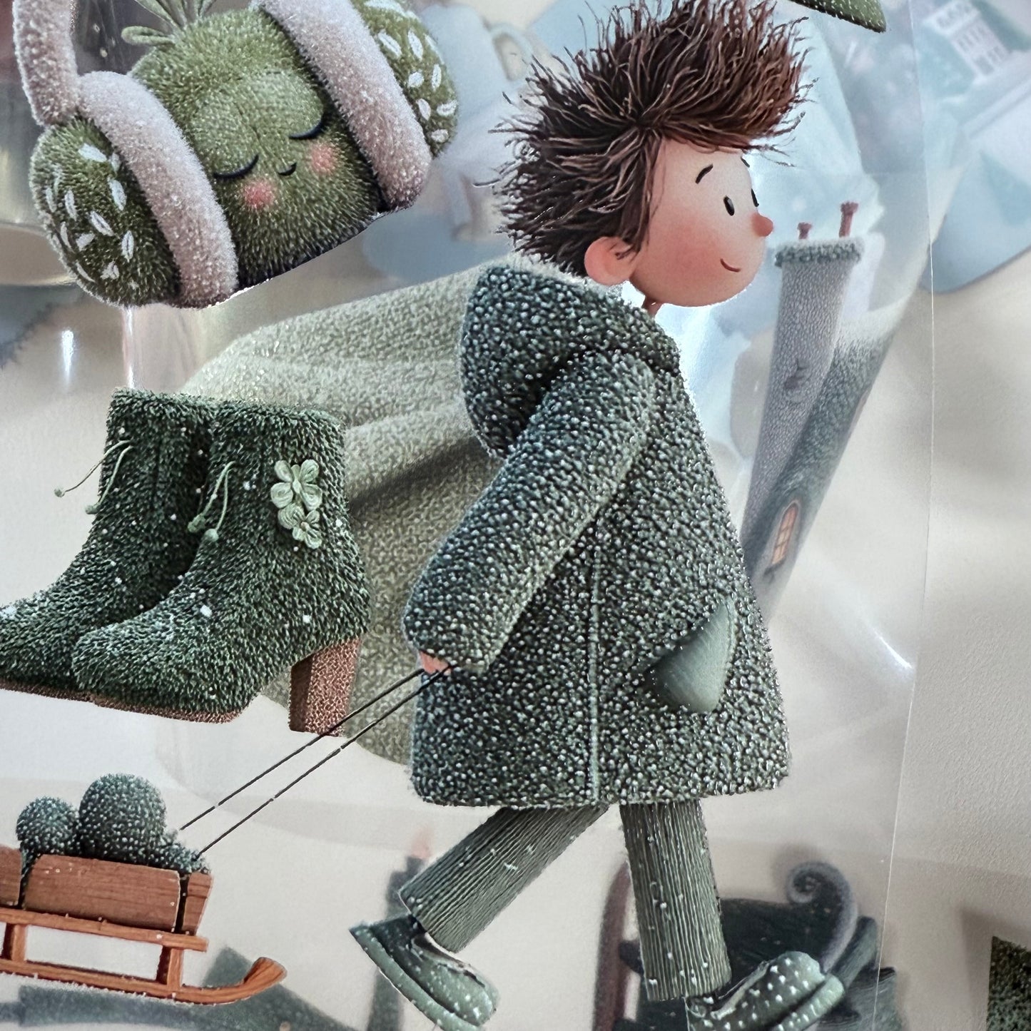 PET 3D raised Whimsical City  and Green winter tape,one roll fashion, junk journal, scrapbooking,bullet journal, card making.