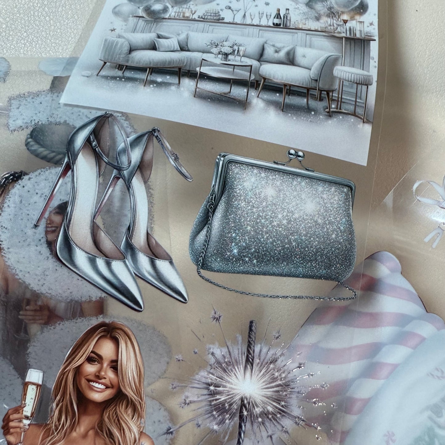 PET 3D raised Silver New Year and Candy Cane Lane tape,one roll fashion, junk journal, scrapbooking,bullet journal, card making.