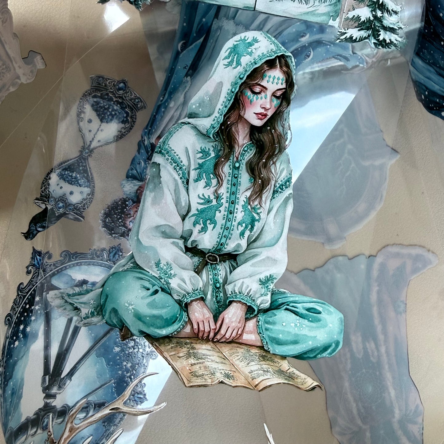 Turquoise Winter Witch and Sapphire Winter Witch PET 3D raised tape,one roll fashion, junk journal, scrapbooking,bullet journal, card making.