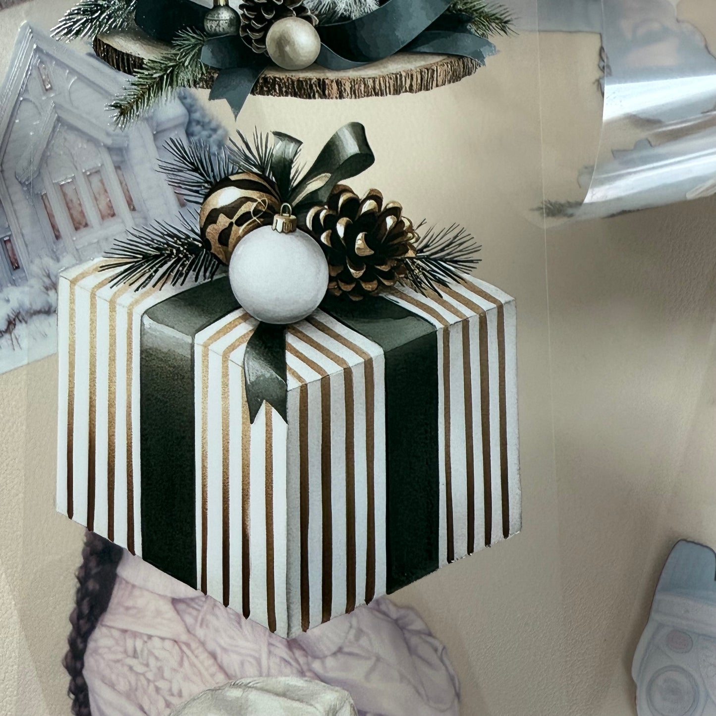 PET 3D raised Classy Old Money and White Luxe Crhistmas tape,one roll fashion, junk journal, scrapbooking,bullet journal, card making.