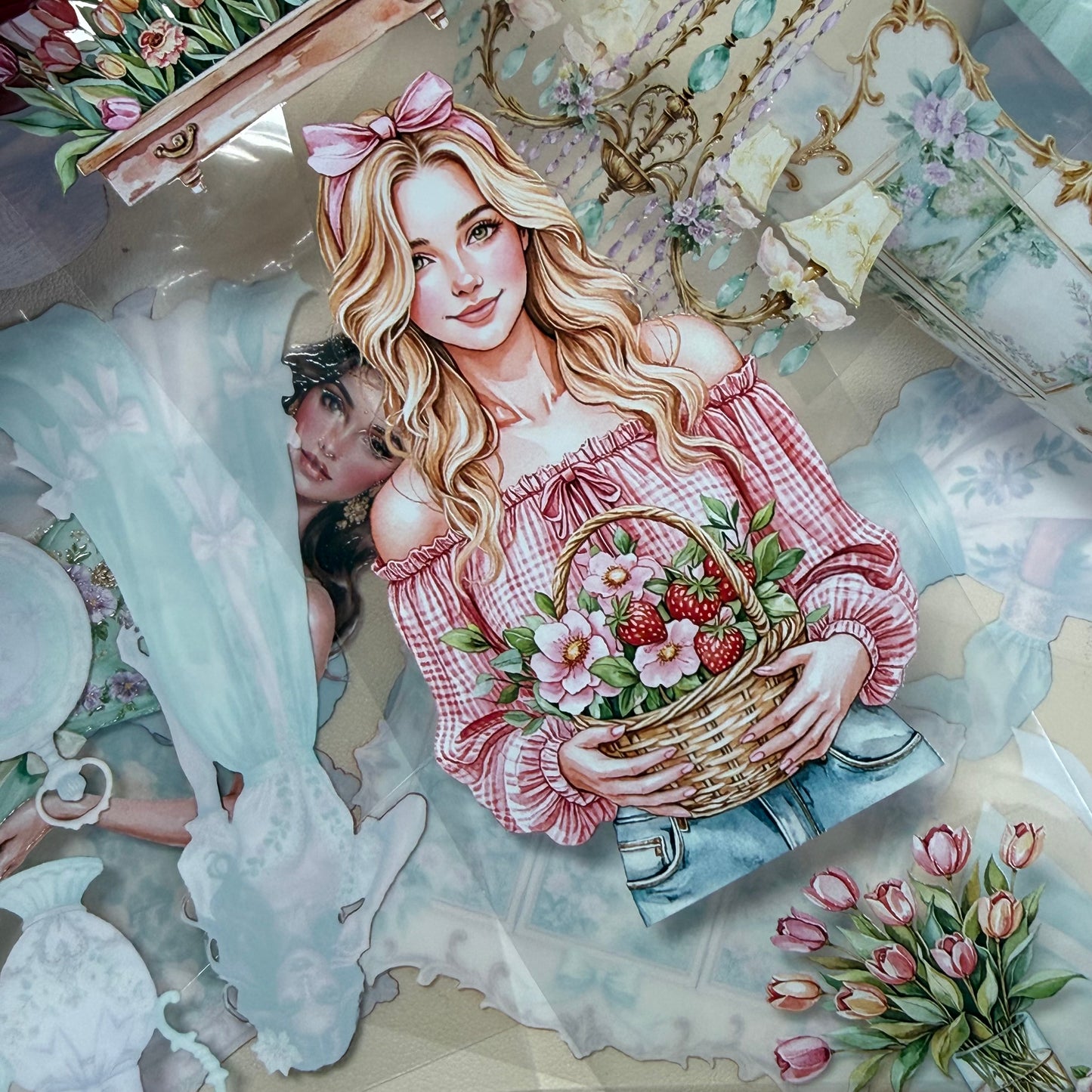 Rococo Spring Dreams and  Ginham Garden PET 3D raised tape,one roll fashion, junk journal, scrapbooking,bullet journal, card making.
