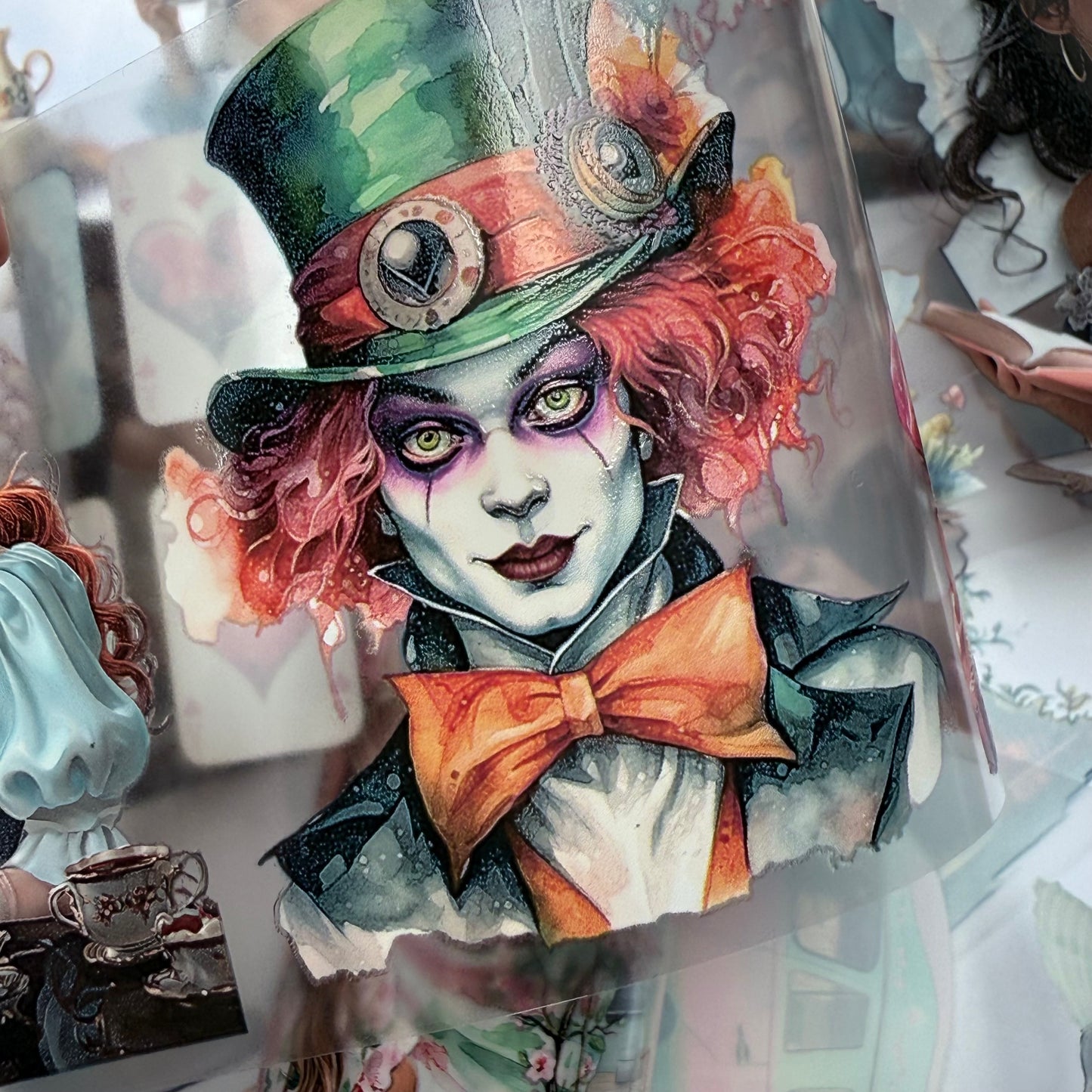 PET 3D raised Alice in Wonderland and Blush mint tape,one roll fashion, junk journal, scrapbooking,bullet journal, card making.