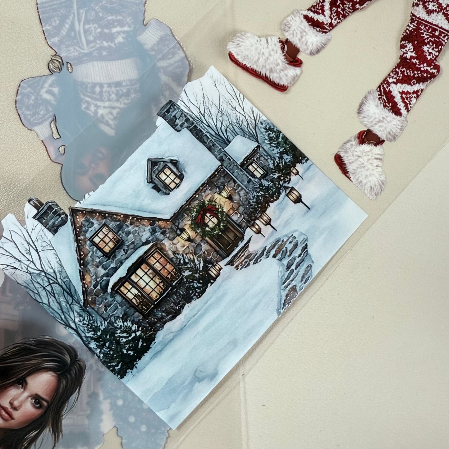 PET 3D raised Merry & Bright Christmas and Snowy Cabin tape,one roll fashion, junk journal, scrapbooking,bullet journal, card making.