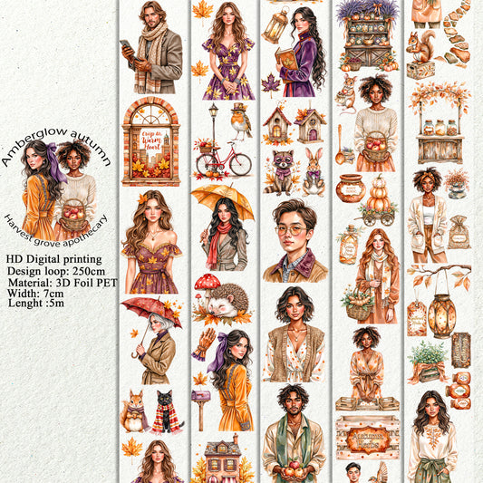 PET 3D raised Amberglow autumn and Harvest grove apothecary  tape,one roll fashion, junk journal, scrapbooking,bullet journal, card making.