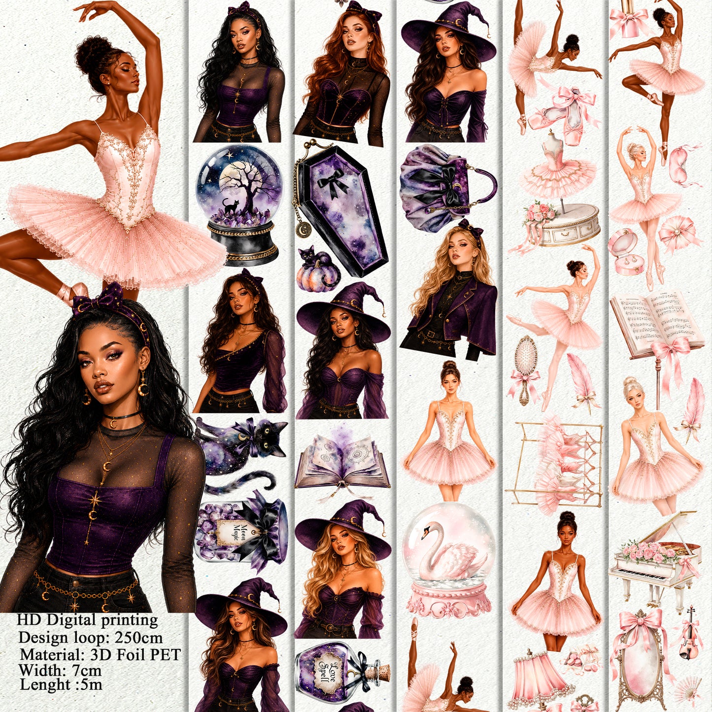 Amethyst Witch and Blush Ballerina PET 3D raised tape
