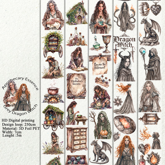 PET 3D raised Apothecary Essence and Grey Dragon Witch tape,one roll fashion, junk journal, scrapbooking,bullet journal, card making.