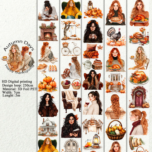 PET 3D raised Autumn Days and Happy Thanksgiving tape,one roll fashion, junk journal, scrapbooking,bullet journal, card making.