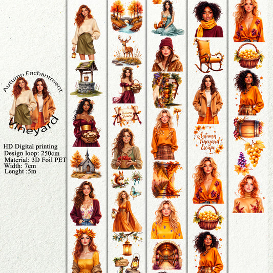 PET 3D raised Autumn Enchantment and Vineyard tape,one roll fashion, junk journal, scrapbooking,bullet journal, card making.