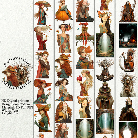 PET 3D raised Autumn Girl and Shaman2 tape,one roll fashion, junk journal, scrapbooking,bullet journal, card making.