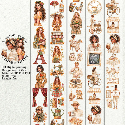 PET 3D raised Autumn reverie and Coffee time tape,one roll fashion, junk journal, scrapbooking,bullet journal, card making.