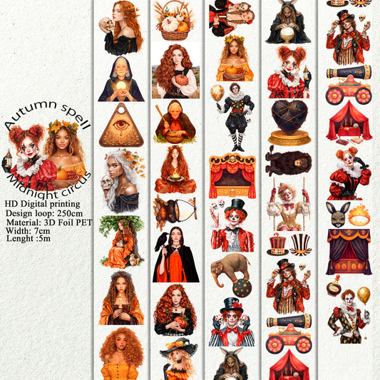 PET 3D raised Autumn spell and Midnight circus tape,one roll fashion, junk journal, scrapbooking,bullet journal, card making.