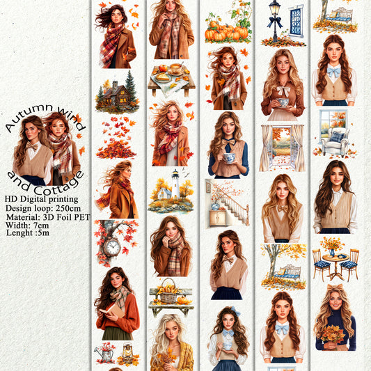 PET 3D raised Autumn wind and Cottage tape,one roll fashion, junk journal, scrapbooking,bullet journal, card making.
