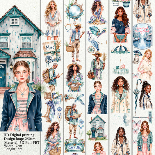 Azure Raffia Reverie and Rainkissed Spring Street PET 3D raised tape,one roll fashion, junk journal, scrapbooking,bullet journal, card making.