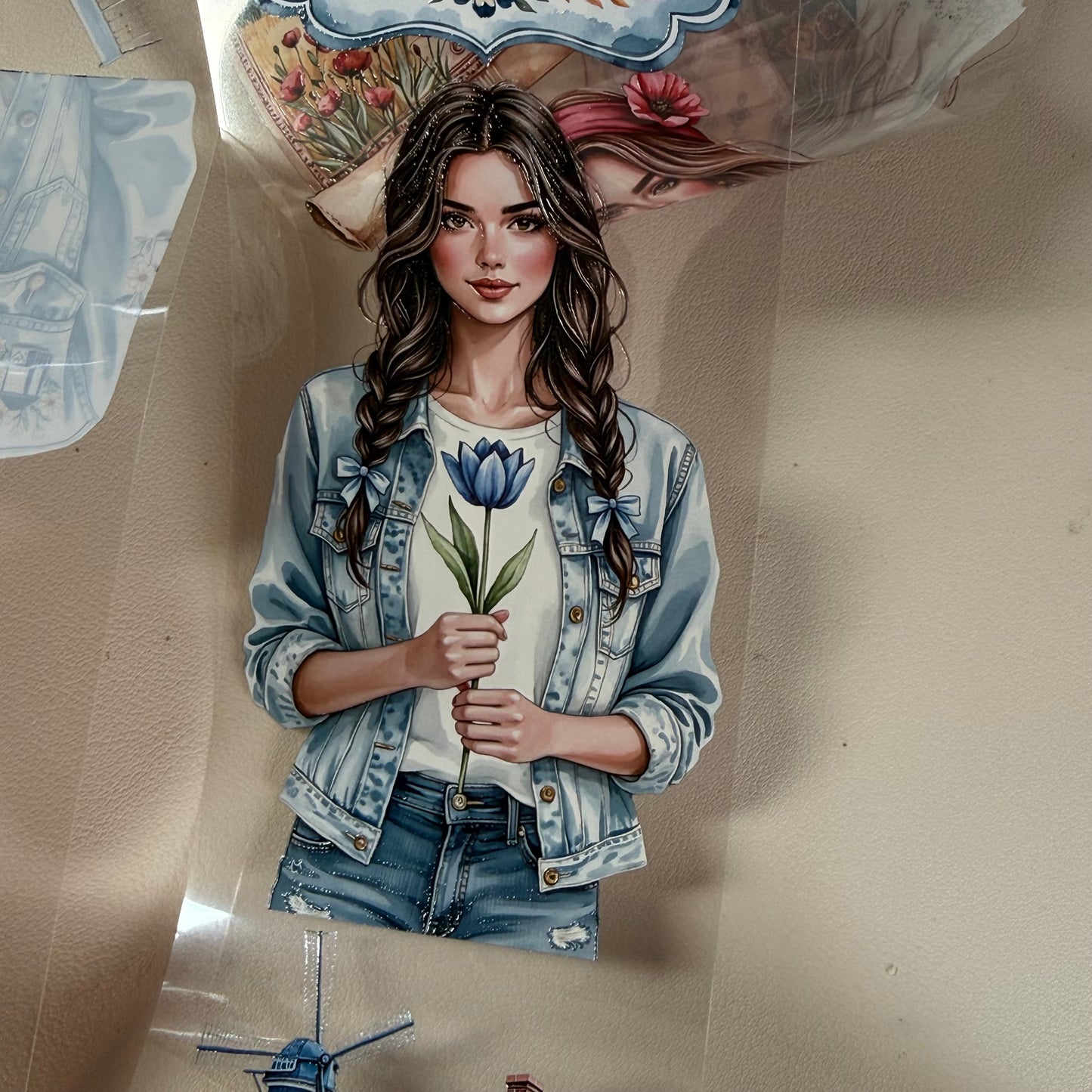 PET Poppy Bohemian Trails and  Delft Blue Windmills 3D raised tape,one roll fashion, junk journal, scrapbooking,bullet journal, card making.