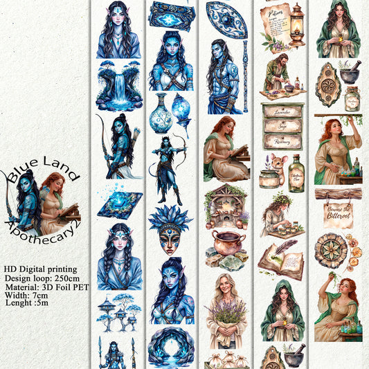 PET 3D raised Blue Land and Apothecary2 tape,one roll fashion, junk journal, scrapbooking,bullet journal, card making.