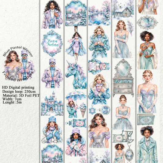 PET 3D raised Blue Pastel Winter and Frosted Whispers tape,one roll fashion, junk journal, scrapbooking,bullet journal, card making.