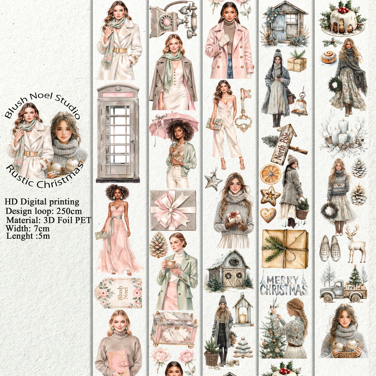 PET 3D raised Blush Noel Studio and Rustic Christmas tape,one roll fashion, junk journal, scrapbooking,bullet journal, card making.