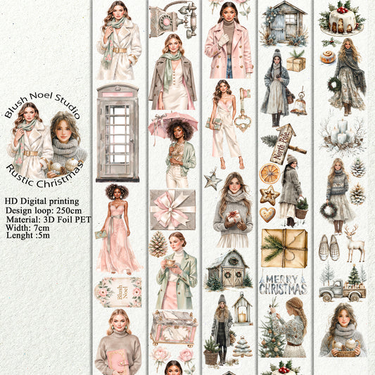 PET 3D raised Blush Noel Studio and Rustic Christmas tape,one roll fashion, junk journal, scrapbooking,bullet journal, card making.