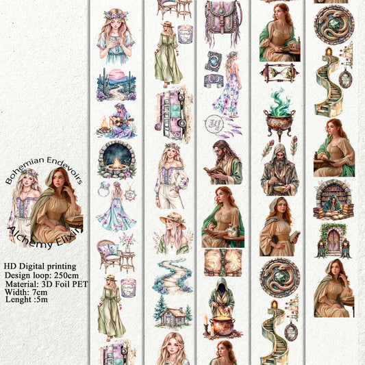 PET 3D raised Bohemian Endevoirs and Alchemy Elixirs tape,one roll fashion, junk journal, scrapbooking,bullet journal, card making.
