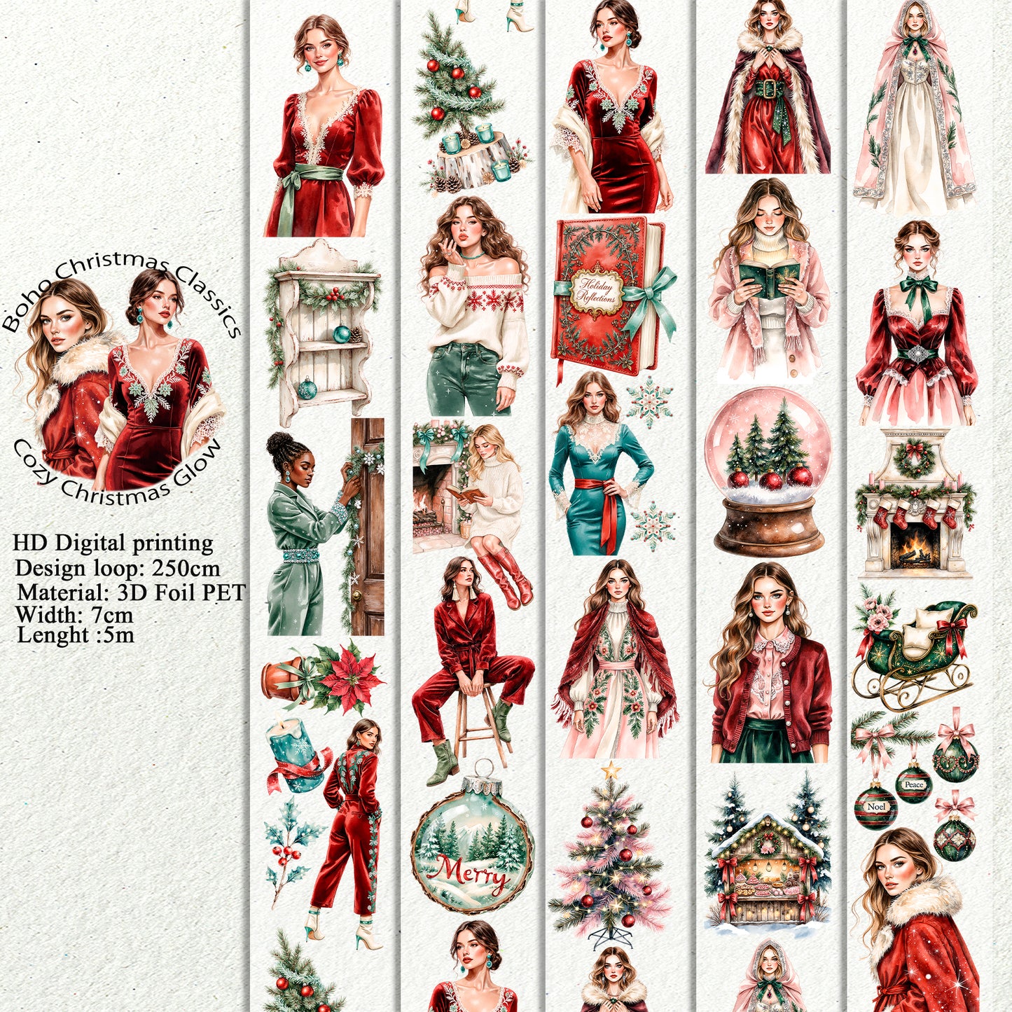 PET 3D raised Boho Christmas Classics and Cozy Christmas Glow tape,one roll fashion, junk journal, scrapbooking,bullet journal, card making.