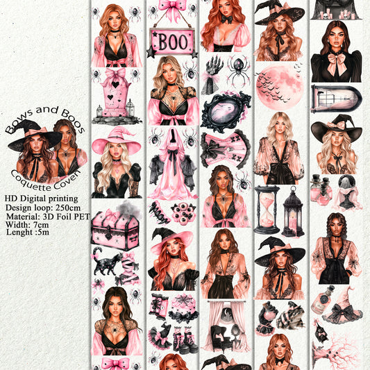 PET 3D raised Bows and Boos and Coquette Coven tape,one roll fashion, junk journal, scrapbooking,bullet journal, card making.