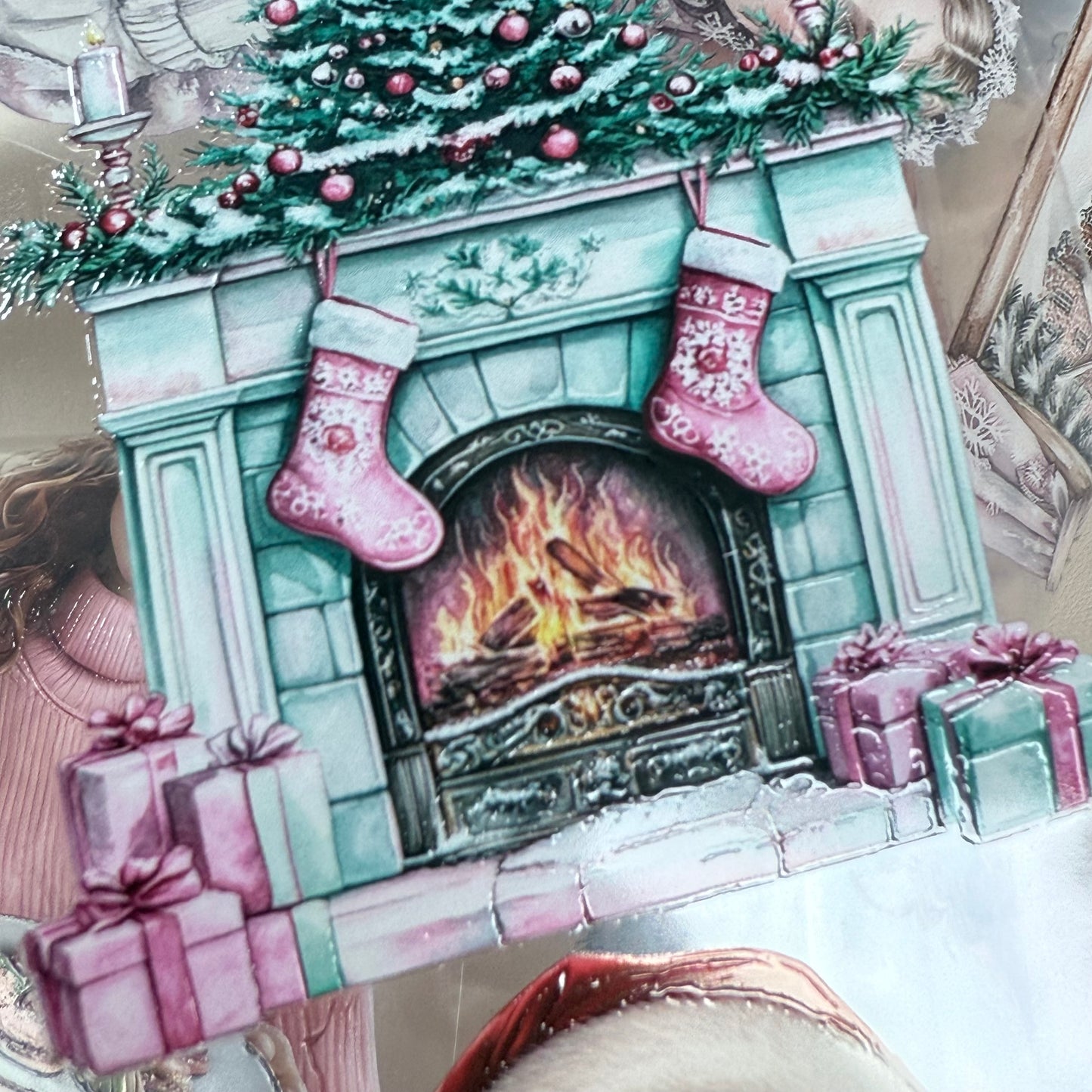 PET 3D raised Pink and teal Christmas and Frosted Fables tape,one roll fashion, junk journal, scrapbooking,bullet journal, card making.
