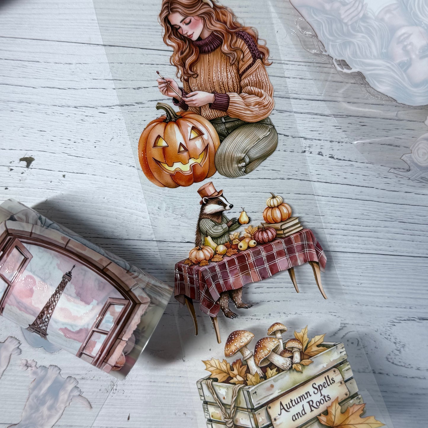 PET 3D raised Parisian Coffee and Autumn Enchanters tape,one roll fashion, junk journal, scrapbooking,bullet journal, card making.