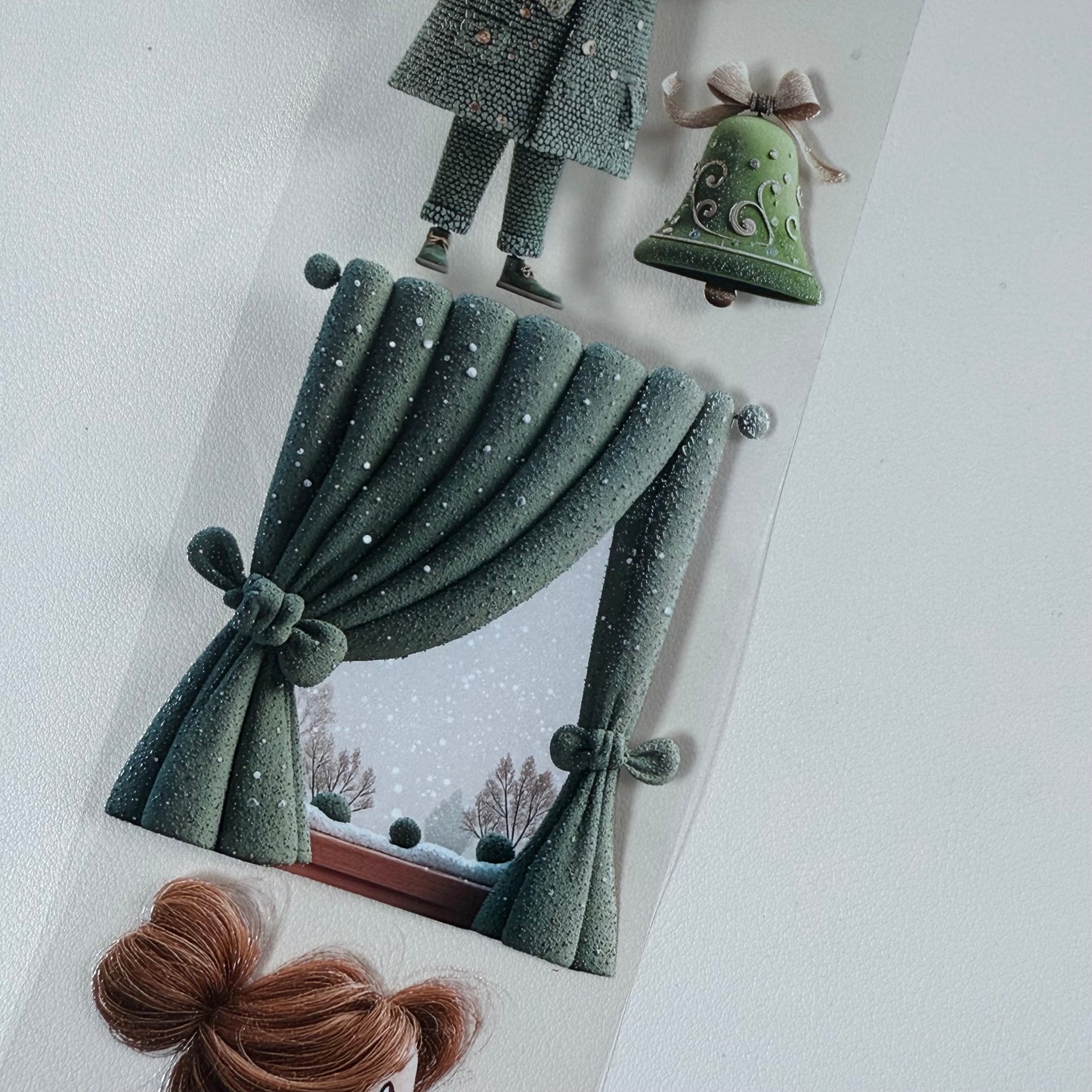 PET 3D raised Whimsical City  and Green winter tape,one roll fashion, junk journal, scrapbooking,bullet journal, card making.