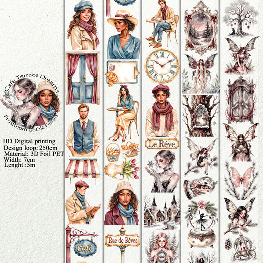 PET Cafe Terrace Dreams and Frostthorn Gothic Fairies 3D raised tape,one roll fashion, junk journal, scrapbooking,bullet journal, card making.