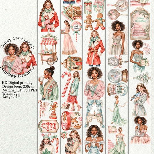 PET 3D raised Candy Cane Lane2 and Holiday Dreams tape,one roll fashion, junk journal, scrapbooking,bullet journal, card making.