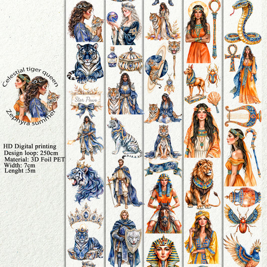 PET 3D raised Celestial tiger queen and Zephyra summer tape,one roll fashion, junk journal, scrapbooking,bullet journal, card making.