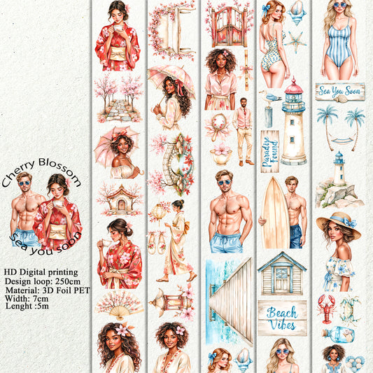 PET 3D raised Cherry Blossom and Sea you soon tape,one roll fashion, junk journal, scrapbooking,bullet journal, card making.