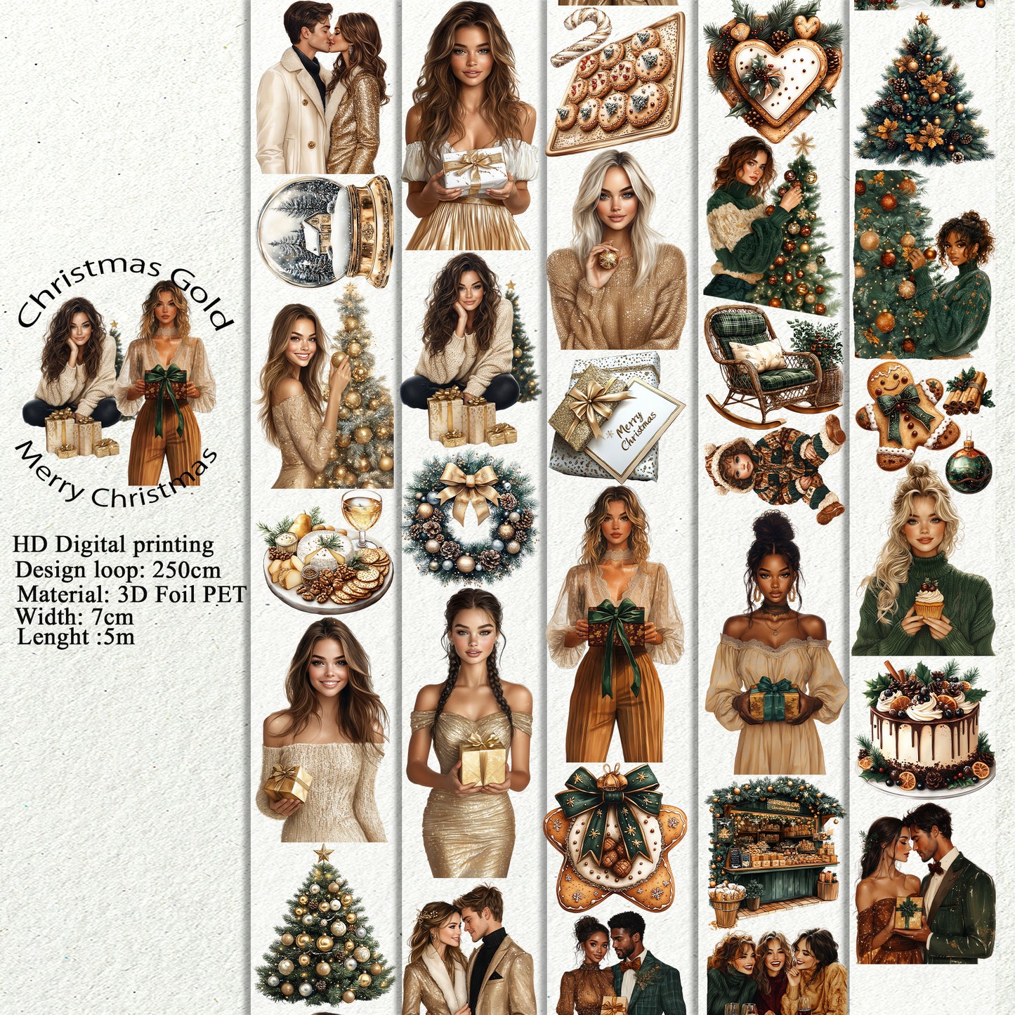 PET 3D raised Christmas Gold and Merry Christmas tape,one roll fashion, junk journal, scrapbooking,bullet journal, card making.