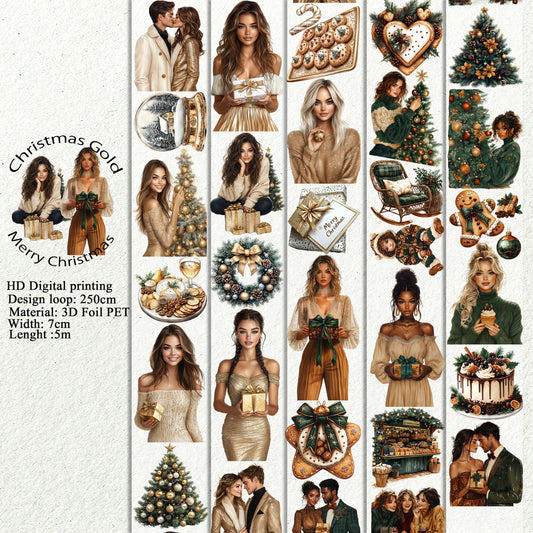 PET 3D raised Christmas Gold and Merry Christmas tape,one roll fashion, junk journal, scrapbooking,bullet journal, card making.