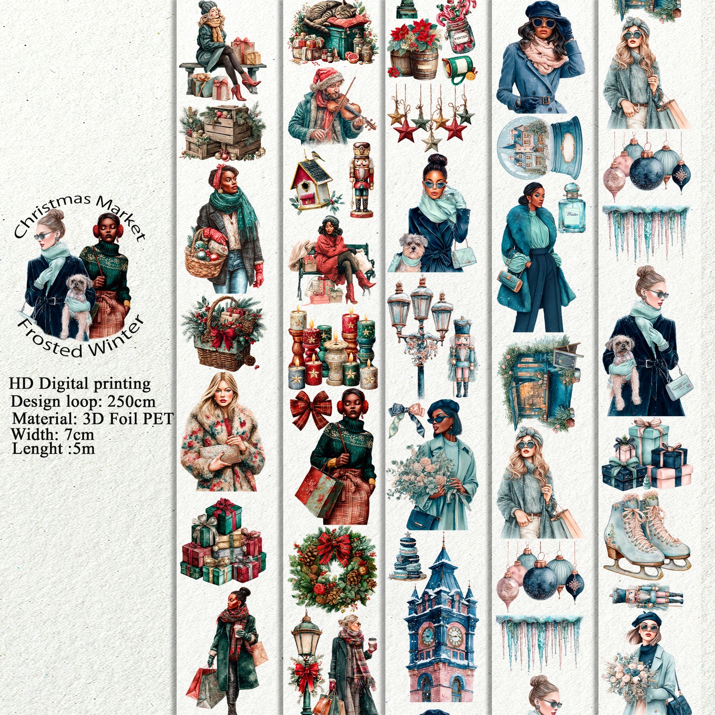 PET 3D raised Christmas Market and Frosted Winter tape,one roll fashion, junk journal, scrapbooking,bullet journal, card making.